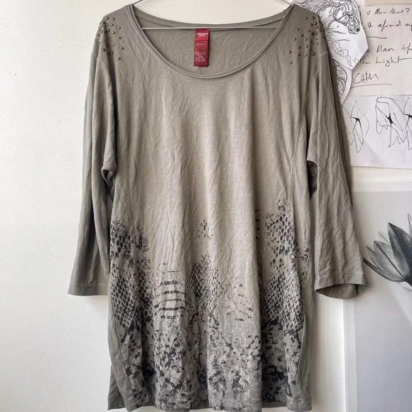 vintage khaki green scale print studded top - Picture 1 of 8
